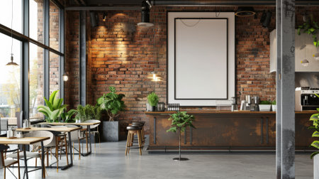 An empty poster frame in a trendy cafÃ© interior, with exposed brick walls, a wooden counter, and cozy seating areas with modern touches.の素材