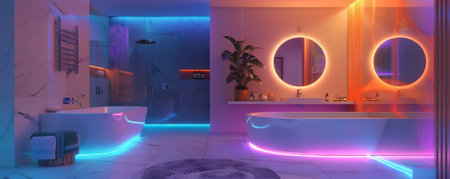 The magical ambiance of a modern bathroom decorated with LED strips, featuring a warm, colorful glow around the mirrors, bathtub, and contemporary decor, enhancing the serene experience.の素材