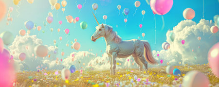 A magical unicorn standing majestically in a field, surrounded by a sea of vibrant color balloons floating gently around it, creating a whimsical and enchanting scene.の素材