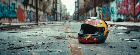 A broken multicolored motorcycle helmet lying on the side of an empty urban street. The road is lined with faded graffiti and abandoned buildings, contributing to the scene's gritty, post-apocalyptic atmosphere.の素材