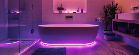 A magical modern bathroom, featuring LED strips that create a vibrant and soothing light around the bathtub, vanity, and stylish decor, enhancing the luxurious feel.の素材