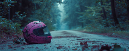 A broken pink motorcycle helmet with deep scratches lying on the edge of a forest road. The dense trees and dim light create a mysterious and slightly ominous atmosphere.の素材