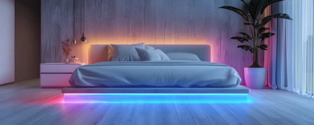 The magical atmosphere of a modern bedroom decorated with LED strips, casting a soft, colorful glow on the sleek bed and minimalist decor, creating a serene and luxurious space.の素材