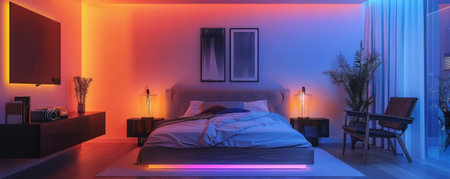 The atmosphere of a modern bedroom decorated with LED strips, casting a soft, colorful glow on sleek furniture and minimalist decor, creating a serene and cozy retreat.の素材