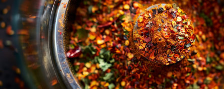A close-up of a spice grinder filled with vibrant spices, such as red chili flakes and green herbs. The detailed textures and colors create an enticing and visually appealing image.の素材