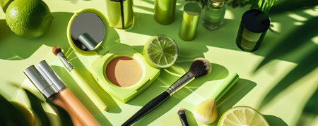 A lime green table with makeup products and brushes neatly arranged. The vibrant and lively color of the table enhances the appeal of the beauty items, creating an energetic and fresh scene.の素材
