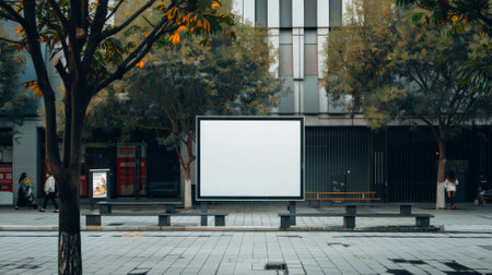 An empty poster frame on a modern pedestrian plaza, with sleek benches, public art installations, and people enjoying the space.の素材