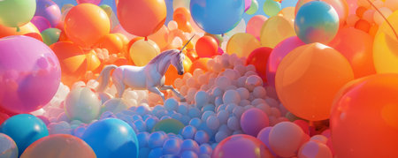 The magical scene of a unicorn amidst a field of floating color balloons, each balloon reflecting the unicorn's ethereal beauty and creating a dreamlike setting.の素材