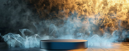 A sleek blue podium with an empty pedestal on a rich metallic gold background, with delicate white smoke curling around. The cool, sophisticated colors and the smoky atmosphere create a modern and elegant visual.の素材