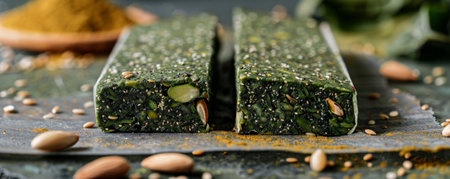 A vibrant spirulina energy bar broken in half, showing the textured green interior mixed with nuts and seeds. The rich, earthy tones of the bar emphasize its natural ingredients and health benefits.の素材