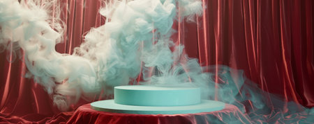 A glossy turquoise podium with an empty pedestal on a rich burgundy background, enveloped in soft, white smoke. The luxurious colors and the gentle movement of the smoke give the scene an elegant and captivating feel.の素材