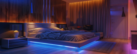A modern bedroom with LED strips illuminating the room, casting a soft, colorful light on the sleek bed, contemporary fixtures, and elegant design elements.の素材