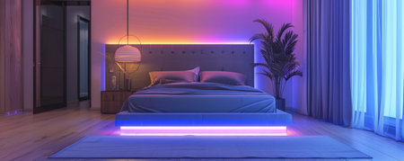 A magical modern bedroom, featuring LED strips that create a vibrant and soothing light around the bed, walls, and stylish decor, enhancing the luxurious feel.の素材