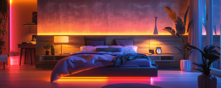 The magical ambiance of a modern bedroom decorated with LED strips, featuring a warm, colorful glow around the bed, nightstands, and modern decor, creating a cozy atmosphere.の素材