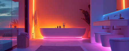 A modern bathroom with a magical atmosphere, illuminated by LED strips that cast a calming, colorful light on the minimalist fixtures, creating a relaxing and elegant space.の素材
