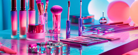 A gradient table with shades of pink, purple, and blue, featuring makeup products and brushes. The colorful and artistic design of the table creates a visually stunning and unique beauty setup.の素材