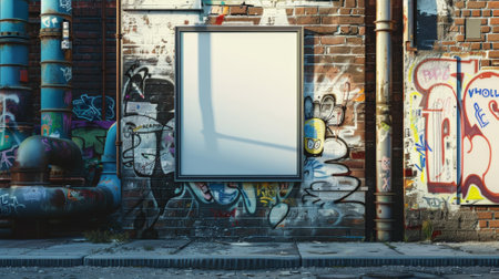 An empty poster frame on a brick wall of an urban alley, with graffiti art and industrial pipes nearby.の素材