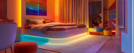A modern children's room with a magical ambiance, with LED strips illuminating the room with a cheerful, colorful light, highlighting the playful bed and imaginative design elements.の素材