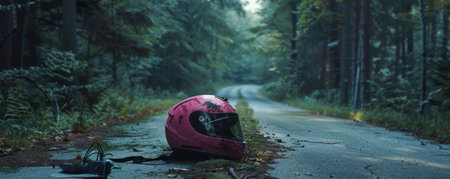 A broken pink motorcycle helmet with deep scratches lying on the edge of a forest road. The dense trees and dim light create a mysterious and slightly ominous atmosphere.の素材