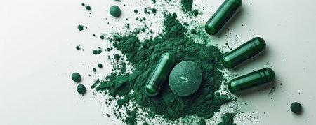 A spirulina supplement capsule, split open to reveal the green powder inside. The capsule is placed on a clean, white background with a few other capsules scattered around it, highlighting the purity and potency of the supplement.の素材