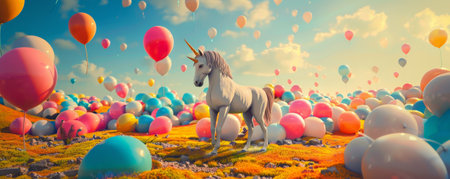 The captivating image of a unicorn amidst a field of colorful balloons, each balloon adding a touch of magic to the serene and beautiful landscape.の素材