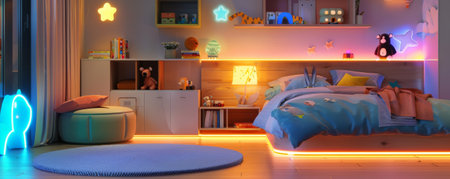 The enchanting atmosphere of a modern children's room adorned with LED strips, creating a vibrant and joyful glow around the bed, shelves, and fun decor.の素材