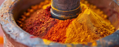 A close-up of a spice grinder filled with colorful spices. The detailed textures and vibrant hues of the spices create an enticing and visually appealing image, highlighting the freshness and variety of spices.の素材