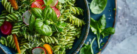 A bowl of green spirulina pasta, topped with fresh vegetables and herbs. The bright green color of the pasta stands out, making the dish look both delicious and healthy.の素材