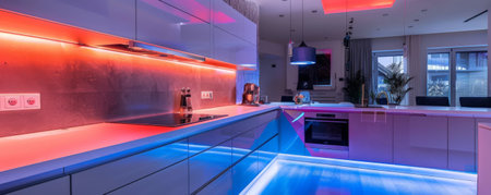 A modern kitchen with a stylish atmosphere, illuminated by LED strips that cast a vibrant, colorful light on the contemporary countertops and elegant decor, creating a chic space.の素材