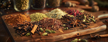 A vibrant display of whole spices, such as cinnamon sticks, star anise, and cardamom pods, arranged on a wooden platter. The rich textures and colors of the spices create an inviting and aromatic scene, perfect for a culinary setting.の素材