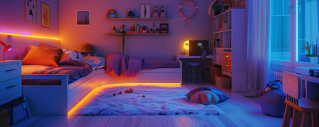 The magical ambiance of a modern children's room decorated with LED strips, featuring a warm, colorful glow around the bed, shelves, and playful decor, creating a cozy atmosphere.の素材