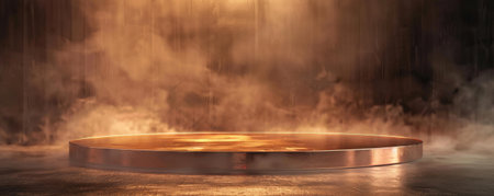 A brushed copper podium with an empty pedestal, positioned on a dark, smoky background. The rich, warm tones of the metal are highlighted by soft lighting, while the smoke adds a layer of mystery and depth.の素材