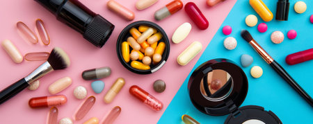 An assortment of beauty supplements, including biotin, vitamin E, and collagen capsules, arranged with beauty accessories like a mirror and makeup brushes. The vibrant colors and sleek design highlight their appeal.の素材