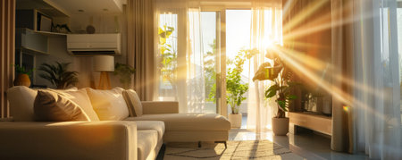 A powerful air conditioning unit in a large, open-plan living area, blowing cool air and maintaining a perfect temperature. The breeze creates a comfortable and inviting space, with curtains and plants gently moving.の素材