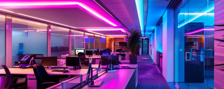 A contemporary office with LED lighting, showcasing sleek workstations, high-tech gadgets, and vibrant light fixtures that create an innovative and energetic workspace.の素材