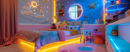 A magical modern children's room with LED strips casting a playful, colorful light on the vibrant bed, fun fixtures, and imaginative decor, creating a joyful and cozy space.の素材
