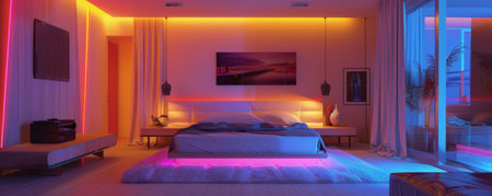 A magical modern bedroom with LED strips casting a soft, colorful light on the sleek bed, elegant fixtures, and chic decor, creating a luxurious retreat.の素材