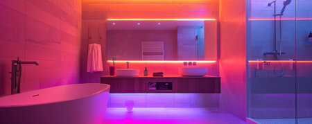 A magical modern bathroom with LED strips illuminating the room, casting a soft, colorful light on the sleek vanity, contemporary fixtures, and elegant tile work.の素材
