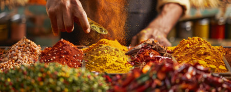 A vibrant display of spices being used in a cooking demonstration, with colorful powders and whole spices arranged in an engaging manner. The lively scene captures the essence of culinary creativity.の素材