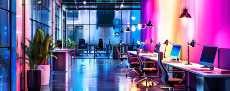 A vibrant modern office with LED lighting, highlighting open-plan desks, stylish decor, and high-tech gadgets, creating an energetic and inspiring workspace.の素材
