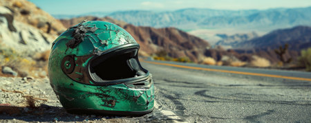 A cracked green motorcycle helmet positioned on the shoulder of a winding mountain road. The helmet's visor is shattered, and the surrounding landscape is rugged and empty, emphasizing isolation.の素材