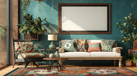 An empty poster frame on a teal wall in a vintage-inspired living room, with retro furniture, patterned cushions, and eclectic decor.の素材