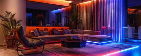A contemporary living room with LED strips illuminating the room, casting a colorful glow on the elegant furniture and modern design elements, creating a sophisticated space.の素材