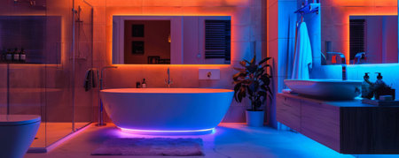 The magical ambiance of a modern bathroom decorated with LED strips, featuring a warm, colorful glow around the mirrors, bathtub, and chic decor, creating a luxurious experience.の素材