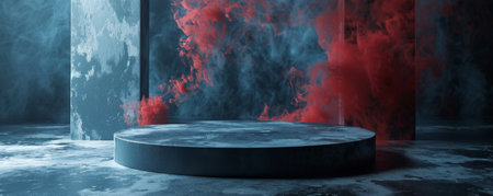 A sleek gray podium with an empty pedestal set against a metallic deep blue background, with delicate red smoke curling around. The cool, sophisticated colors and the smoky atmosphere create a modern and dramatic visual.の素材