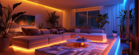 The enchanting atmosphere of a living room adorned with LED strips, creating a vibrant and cozy glow around the sofa, coffee table, and stylish decor, perfect for a modern retreat.の素材