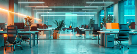 The innovative design of a contemporary office with LED lighting, showcasing modern desks, comfortable chairs, and advanced technology, designed for a productive workday.の素材