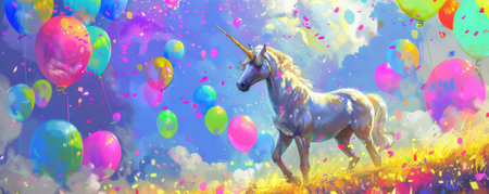 The whimsical sight of a unicorn in a field filled with vibrant color balloons, each balloon contributing to the magical and surreal ambiance.の素材