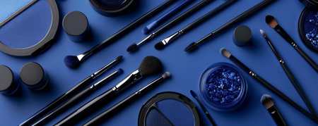 A cobalt blue table with makeup products and brushes laid out in a neat and organized manner. The deep color of the table adds a modern and chic vibe to the beauty setup.の素材