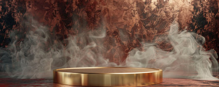 A metallic gold podium with an empty pedestal set against a rich burgundy metal background, enveloped in soft gray smoke. The luxurious colors and the swirling smoke give the scene an opulent and dramatic feel.の素材